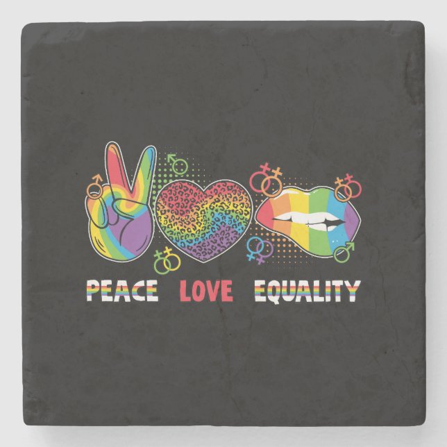 LGBTQ - Peace, Love, Equality - Rainbow Colors Stone Coaster (Front)