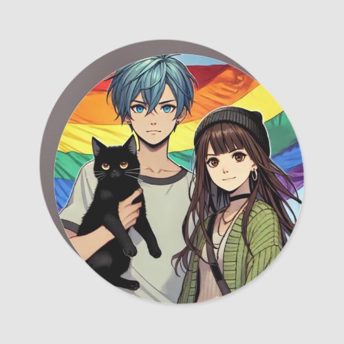 LGBTQ Pride Anime Boy and Girl and Black Cat Car Magnet