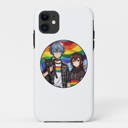 LGBTQ Pride Anime Boy and Girl and Black Cat iPhone 11 Case