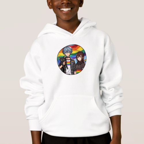 LGBTQ Pride Anime Boy and Girl and Black Cat Hoodie