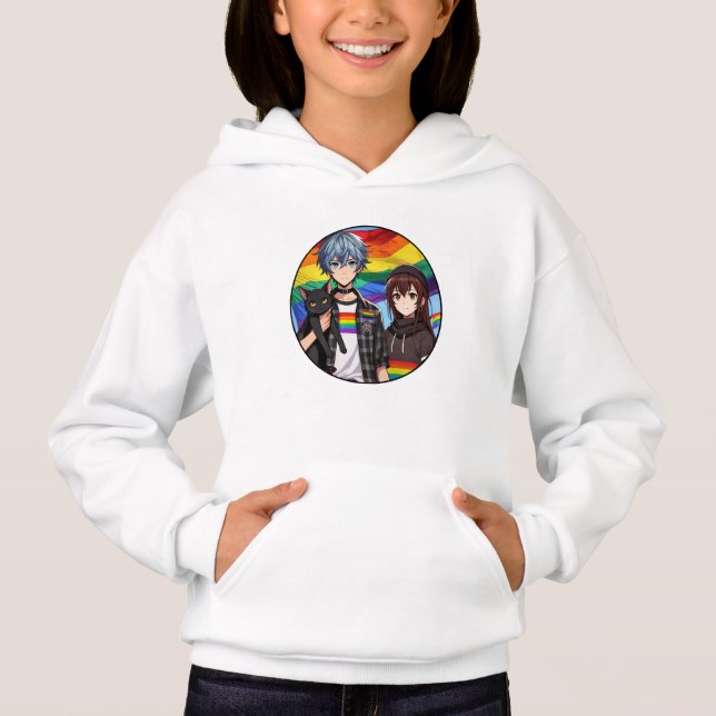 LGBTQ+ Pride Anime Boy and Girl and Black Cat Hoodie (Front)