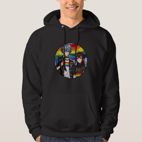 LGBTQ Pride Anime Boy and Girl and Black Cat Hoodie