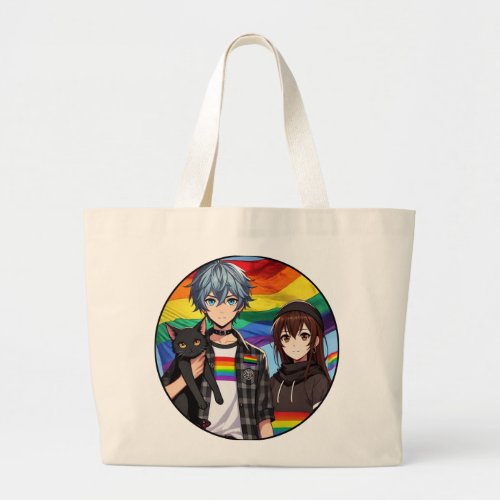 LGBTQ Pride Anime Boy and Girl and Black Cat Large Tote Bag