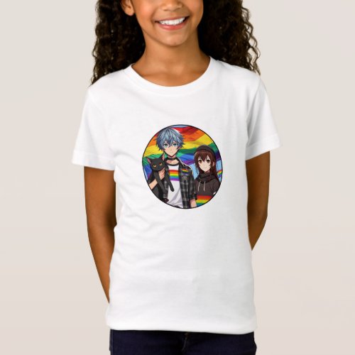 LGBTQ Pride Anime Boy and Girl and Black Cat T_Shirt