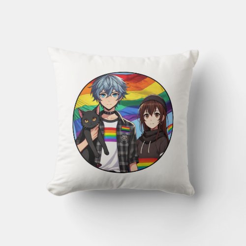 LGBTQ Pride Anime Boy and Girl and Black Cat Throw Pillow