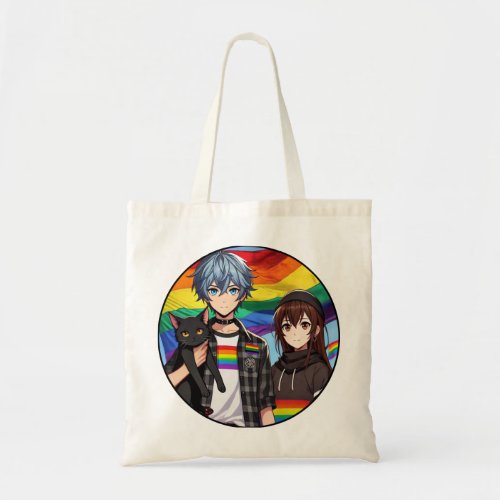 LGBTQ Pride Anime Boy and Girl and Black Cat Tote Bag