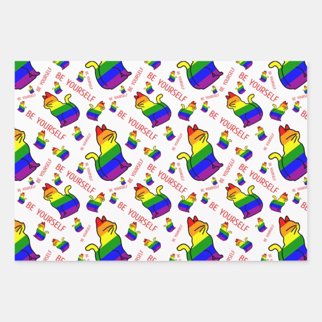 LGBTQ+ Pride Cat - Be Yourself Wrapping Paper Sheets (Front)
