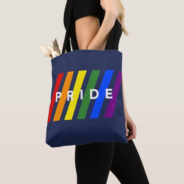 LGBTQ PRIDE Diagonal Rainbow Stripes on Navy Blue Tote Bag (Close Up)