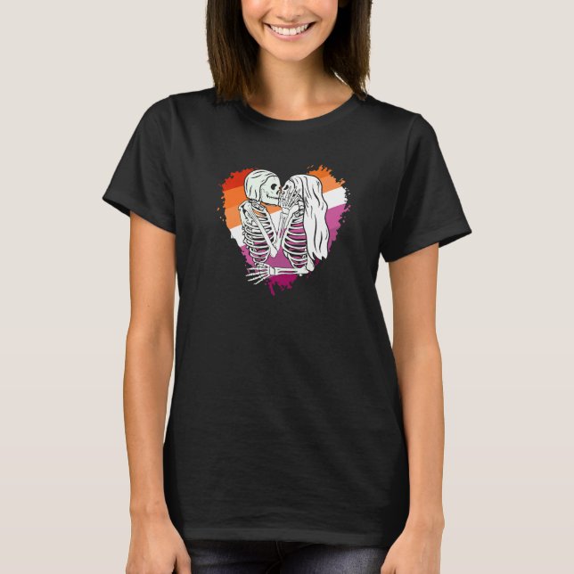 LGBTQ Pride flag skeletons kissing a Lesbian skele T-Shirt (Front)