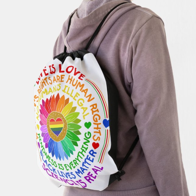 LGBTQ PRIDE LOVE AND SUPPORT SAYINGS DRAWSTRING BAG (Insitu)