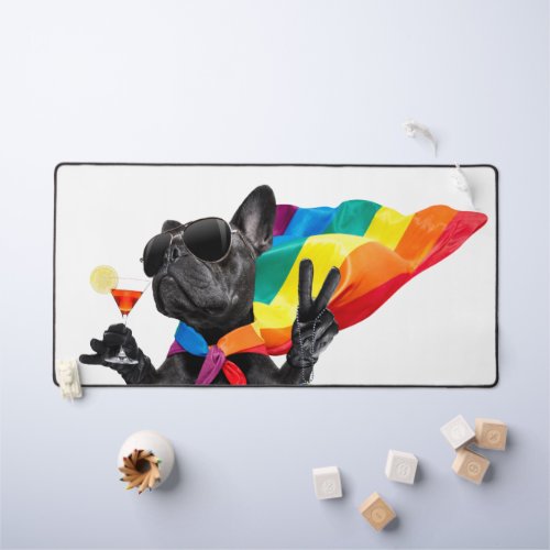 LGBTQ Pride Party Dog in Rainbow Cape Desk Mat