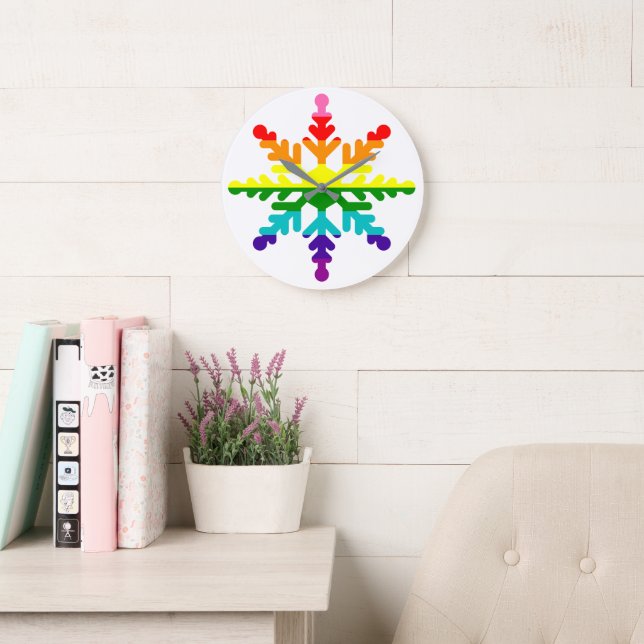 LGBTQ Pride Rainbow Colorful Christmas Snowflake Large Clock (Reading Room)