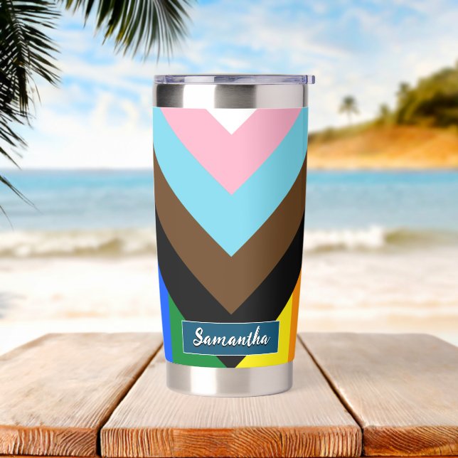 LGBTQ & Pride - Rainbow Progress Flag, Custom Name Insulated Tumbler (Beach)