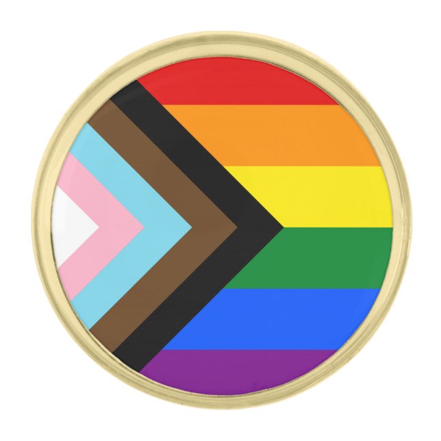 LGBTQ & Pride - Rainbow Progress Flag Gold Finish Lapel Pin (Front)