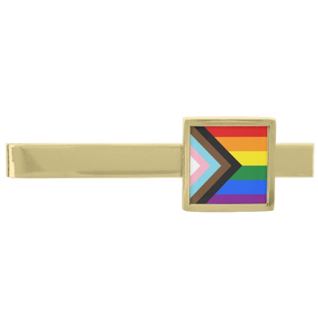 LGBTQ & Pride - Rainbow Progress Flag Gold Finish Tie Bar (Front)