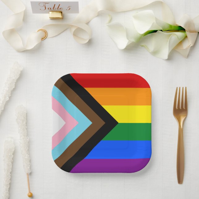 LGBTQ & Pride - Rainbow Progress Flag Paper Plates (Wedding)