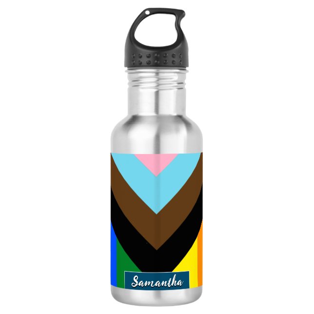 LGBTQ & Pride - Rainbow Progress Flag, Personalize Stainless Steel Water Bottle (Front)