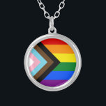 LGBTQ & Pride - Rainbow Progress Flag  Silver Plated Necklace<br><div class="desc">Necklace: Rainbow Flag & the "Progress" variation adds a chevron along the hoist that features black, brown, light blue, pink, and white stripes to bring those communities (marginalized people of color, trans individuals, and those living with HIV/AIDS and those who have been lost) to the forefront; "the arrow points to...</div>