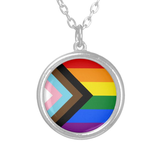 LGBTQ & Pride - Rainbow Progress Flag  Silver Plated Necklace (Front)