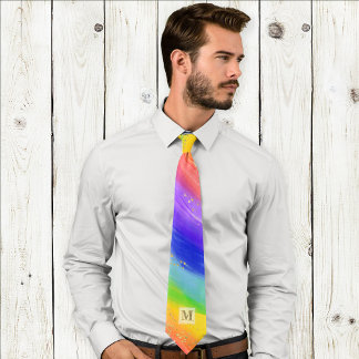 LGBTQ Pride Watercolor Rainbow Gold Monogram Neck Tie