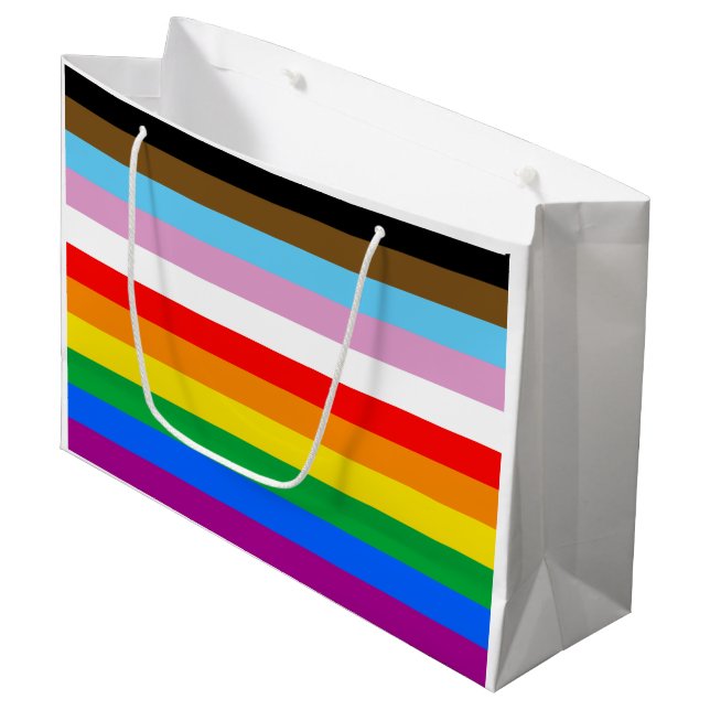 LGBTQ+ Progress Flag Stripes Large Gift Bag (Front Angled)