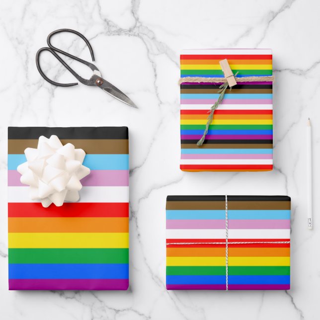 LGBTQ+ Progress Flag Stripes Wrapping Paper Sheets (Front)