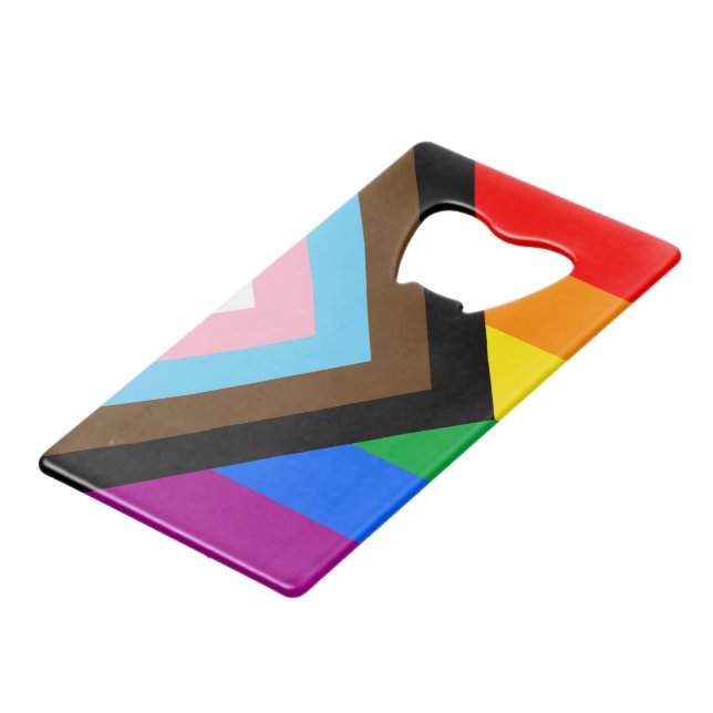 LGBTQ+ Progress Pride Credit Card Bottle Opener (Front Angled)