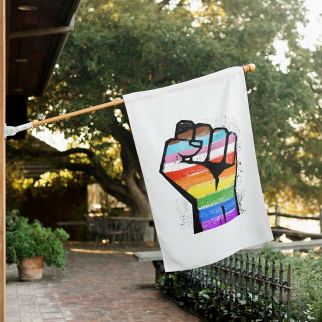 LGBTQ PROGRESS PRIDE FIST HOUSE FLAG (In SItu)