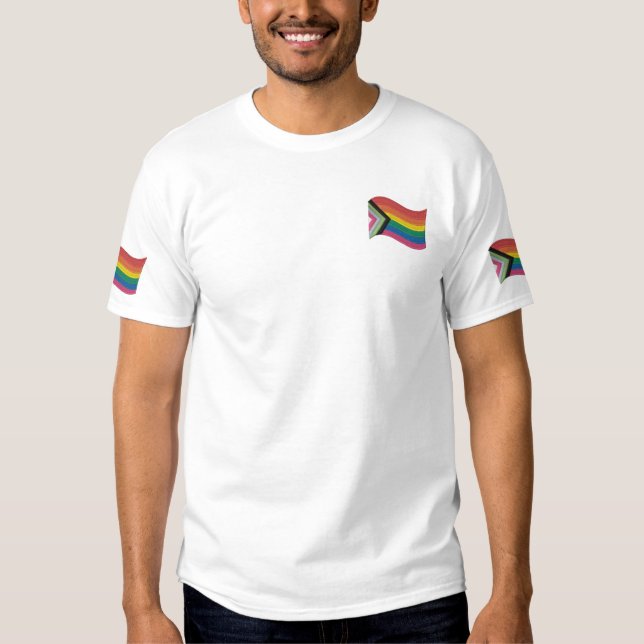 LGBTQ+ Progress Pride Flag Embroidered T-Shirt (Front)