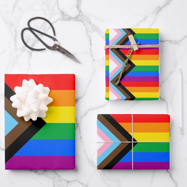 LGBTQ+ Progress Pride Flag Wrapping Paper Sheets (Front)