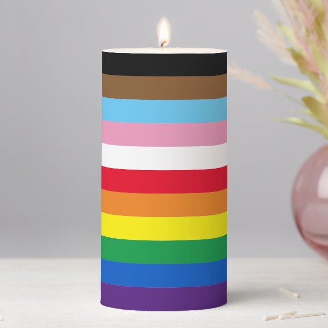 Lgbtq rainbow 11 stripes inclusive gay pride flag pillar candle (In Situ)