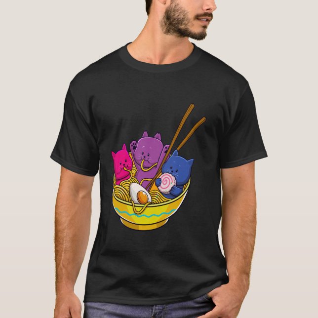 LGBTQ Rainbow Bisexual Pride Flag Cats In Ramen An T-Shirt (Front)