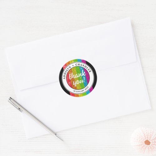 LGBTQ Rainbow Black Chic Modern Wedding Glitter Classic Round Sticker