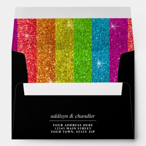 LGBTQ Rainbow Black Chic Modern Wedding Glitter Envelope