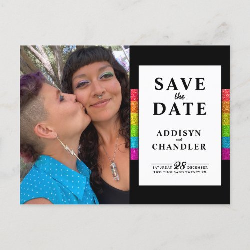 LGBTQ Rainbow Black Chic Modern Wedding Glitter Holiday Postcard