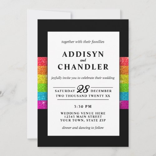 LGBTQ Rainbow Black Chic Modern Wedding Glitter Invitation