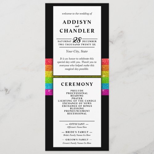 LGBTQ Rainbow Black Chic Modern Wedding Glitter Program