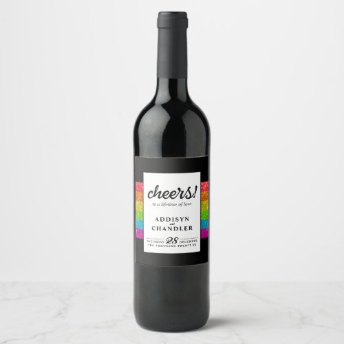 LGBTQ Rainbow Black Chic Modern Wedding Glitter Wine Label