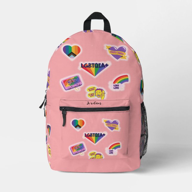 LGBTQ Rainbow Gay Modern Stickers Style Monogram Printed Backpack (Front)