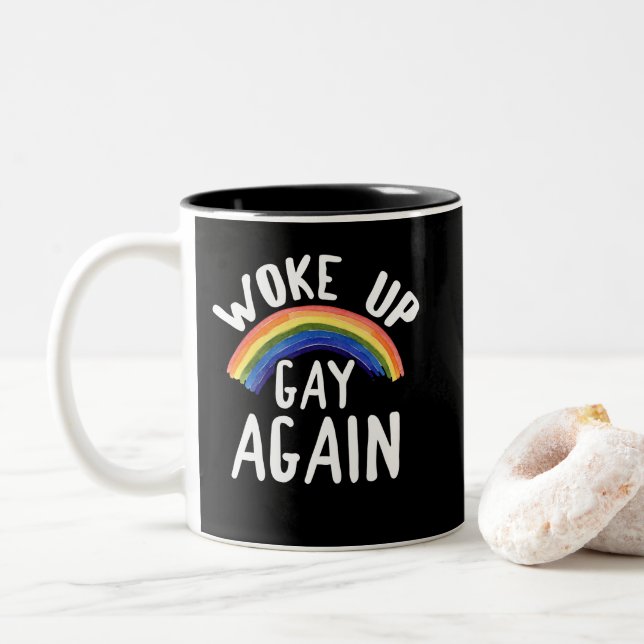 LGBTQ Rainbow Gifts Woke Up Gay Again Two-Tone Coffee Mug (With Donut)