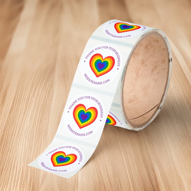 LGBTQ Rainbow Heart Business Thank You Classic Round Sticker (LGBTQ Rainbow Heart Business Thank You Classic Round Sticker Roll)