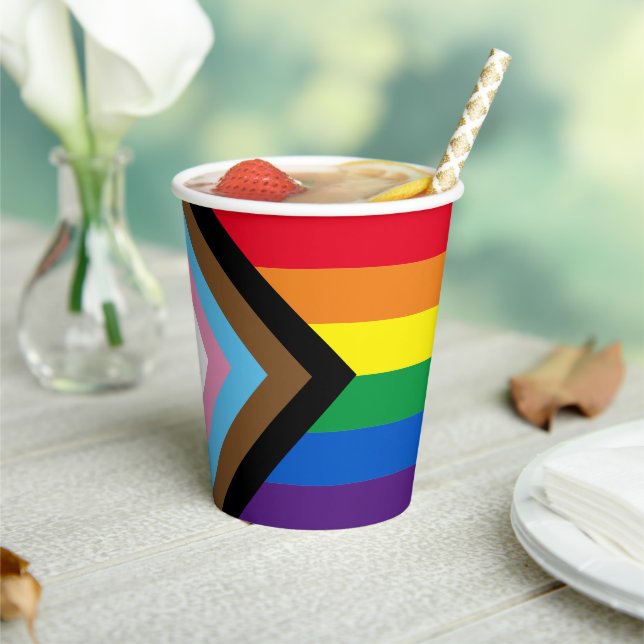 Lgbtq rainbow Inclusive gay pride progressive flag Paper Cups (Insitu)