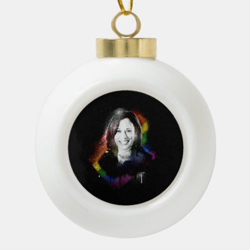 LGBTQ Rainbow Kamala Harris Spray Paint Pride Ceramic Ball Christmas Ornament