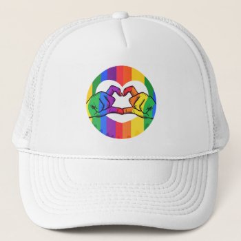 Lgbtq Rainbow Love Heart Hands Trucker Hat by StargazerDesigns at Zazzle