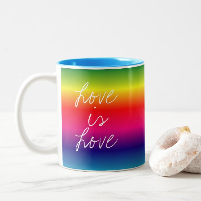 LGBTQ Rainbow Love is Love Two-Tone Coffee Mug (With Donut)