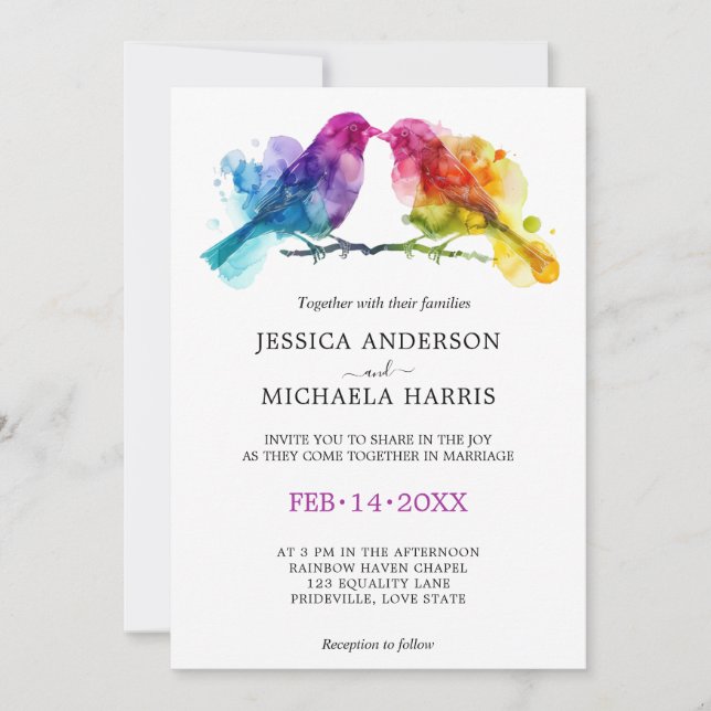 🌈 LGBTQ Rainbow Lovebirds wedding  Invitation (Front)