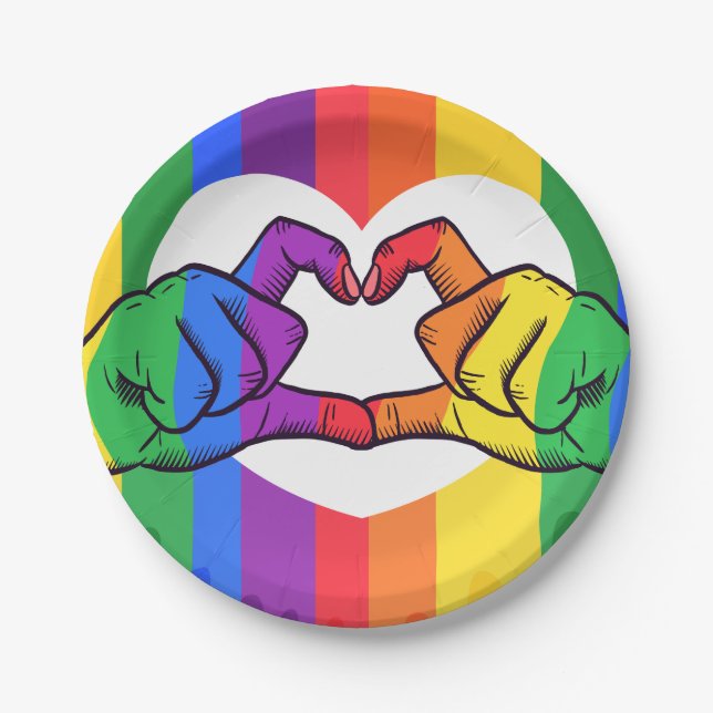 LGBTQ Rainbow Pride Heart Hands Paper Plates (Front)