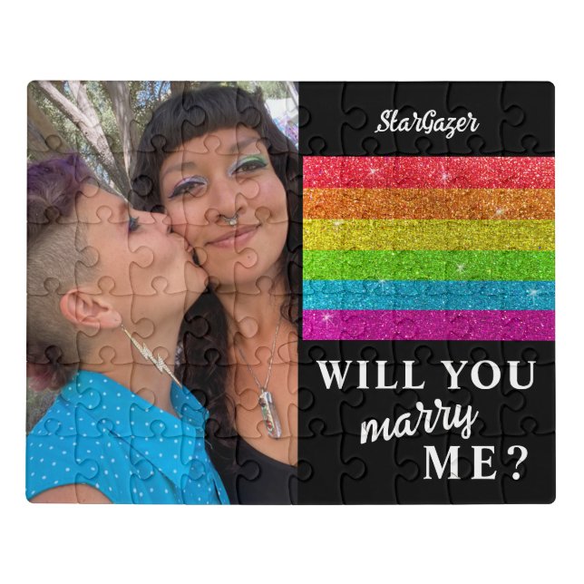 LGBTQ Rainbow Will You Marry Me Wedding Glitter Jigsaw Puzzle (Puzzle Horizontal)