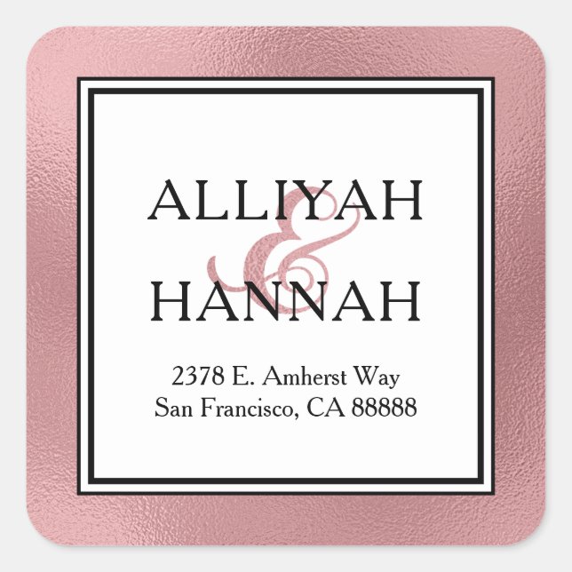 LGBTQ Rose Gold Modern Wedding Return Address Square Sticker (Front)