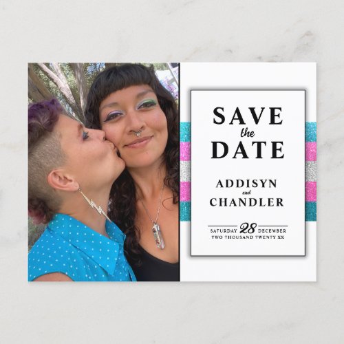 LGBTQ Trans Chic Modern White Wedding Glitter Holiday Postcard